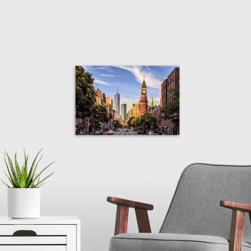 A modern room featuring New York, New York City City, View down 6th Avenue with Jefferson Market Library and Freedom Tower.
