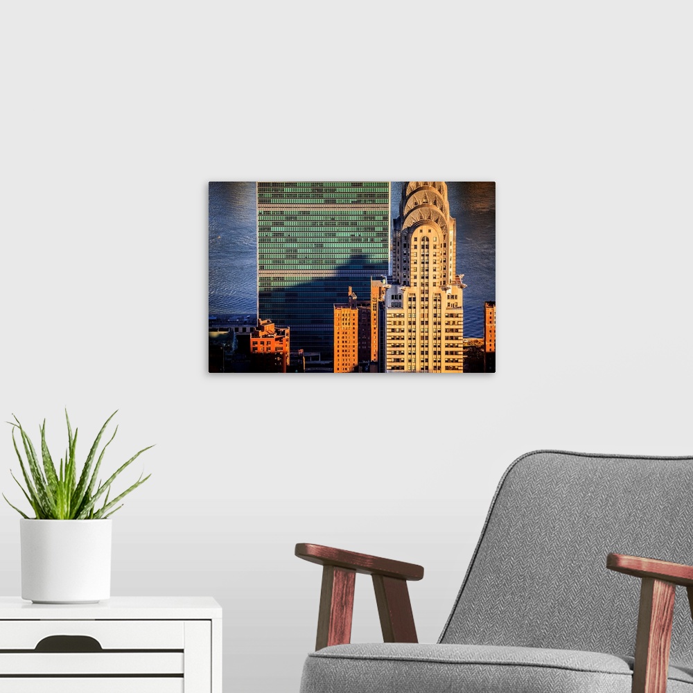 A modern room featuring USA, New York City, Manhattan, Midtown, Chrysler Building, Aerial view towards Chrysler Building ...