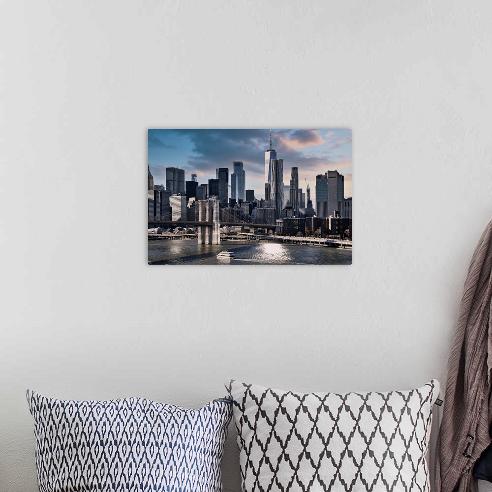 A bohemian room featuring New York City, East River Scene with Lower East Side skyline viewed from Manhattan Bridge.