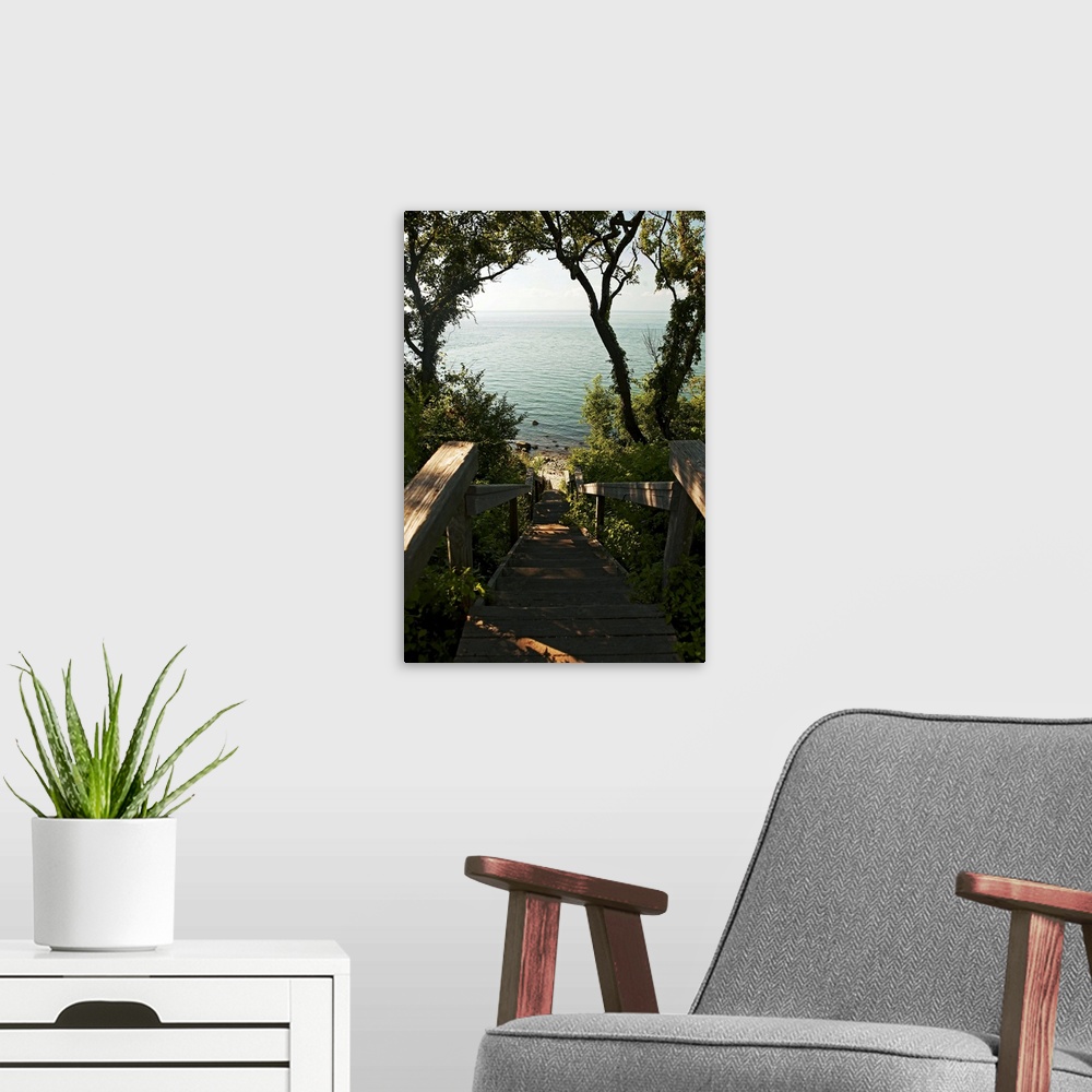 A modern room featuring New York, Long Island, path leading to view of Long Island Sound