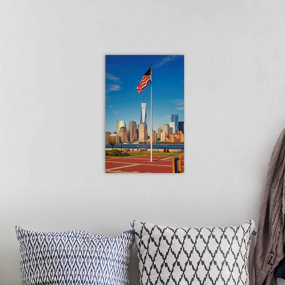 A bohemian room featuring New York, Lower Manhattan and Freedom Tower seen from Liberty State Park.