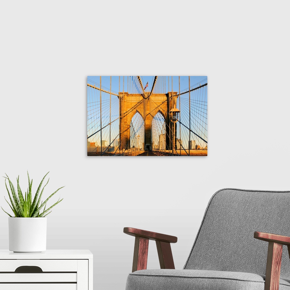 A modern room featuring New York, New York City, Brooklyn Bridge