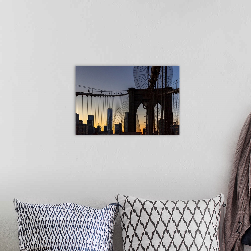 A bohemian room featuring New York, New York City, Brooklyn Bridge tower and cables..