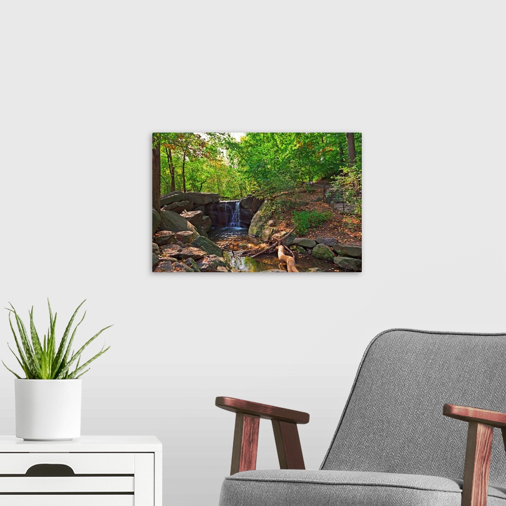 A modern room featuring New York, New York City, Central Park North Woods Cascade waterfall