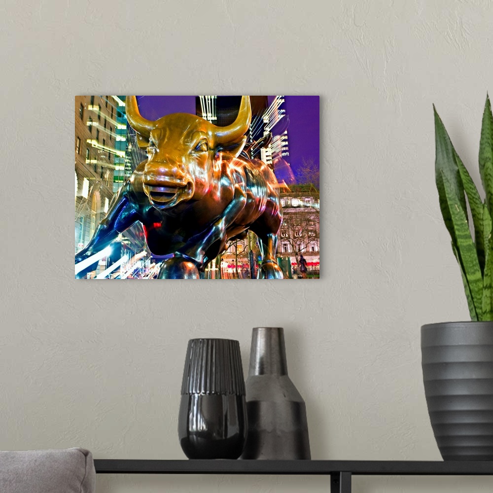 A modern room featuring New York, New York City, Charging Bull, Financial district icon