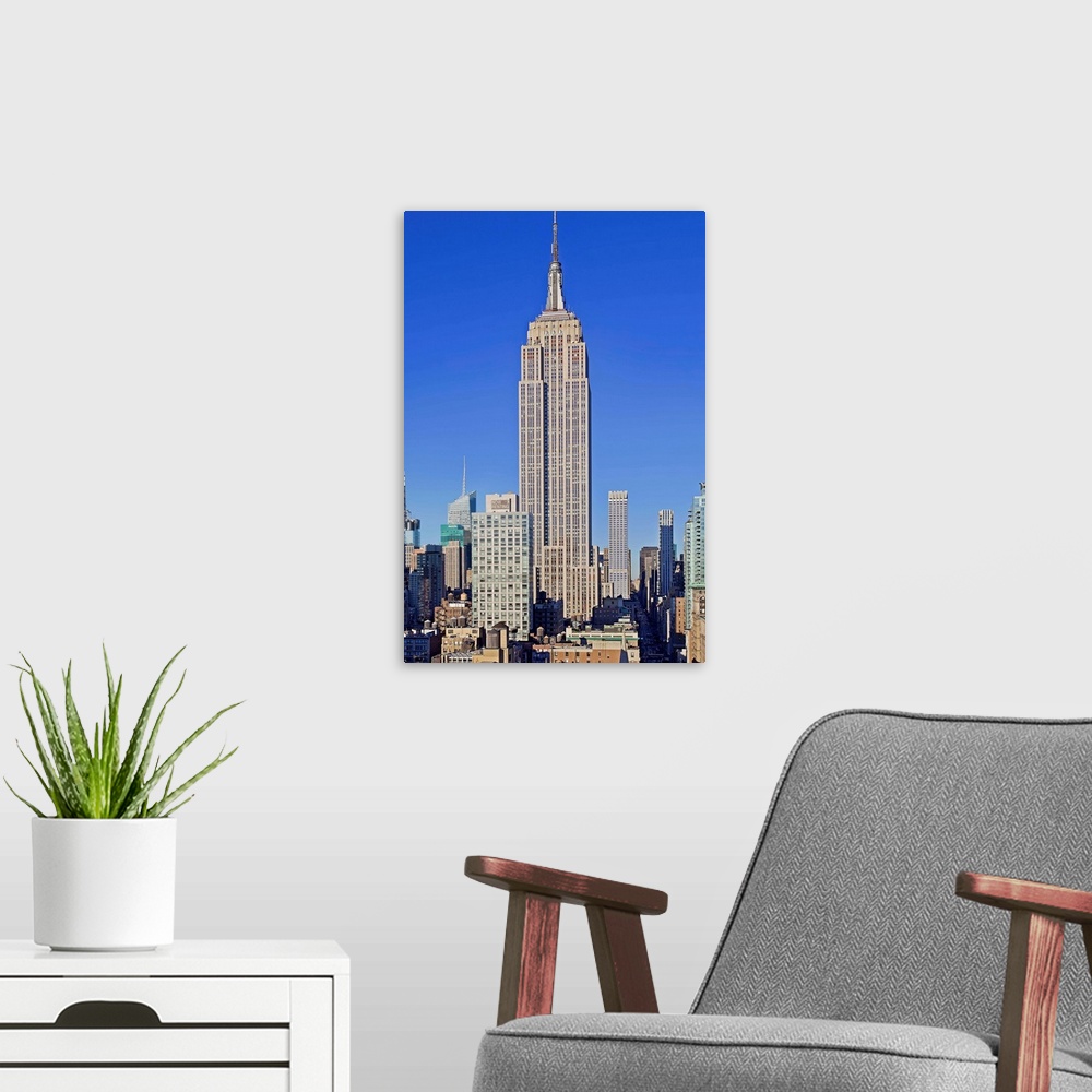 A modern room featuring New York, New York City, Empire State Building