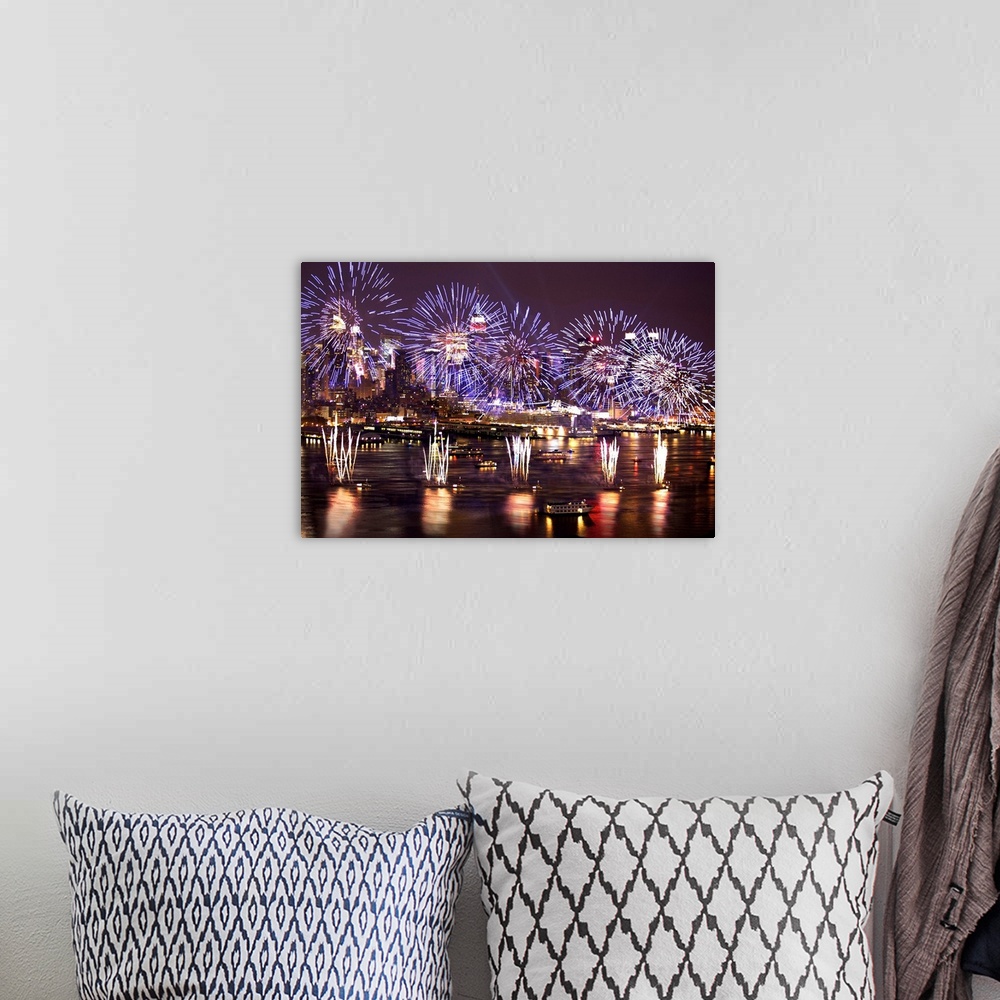 A bohemian room featuring New York, New York City, July 4th, Fireworks. View from Weehawken, New Jersey