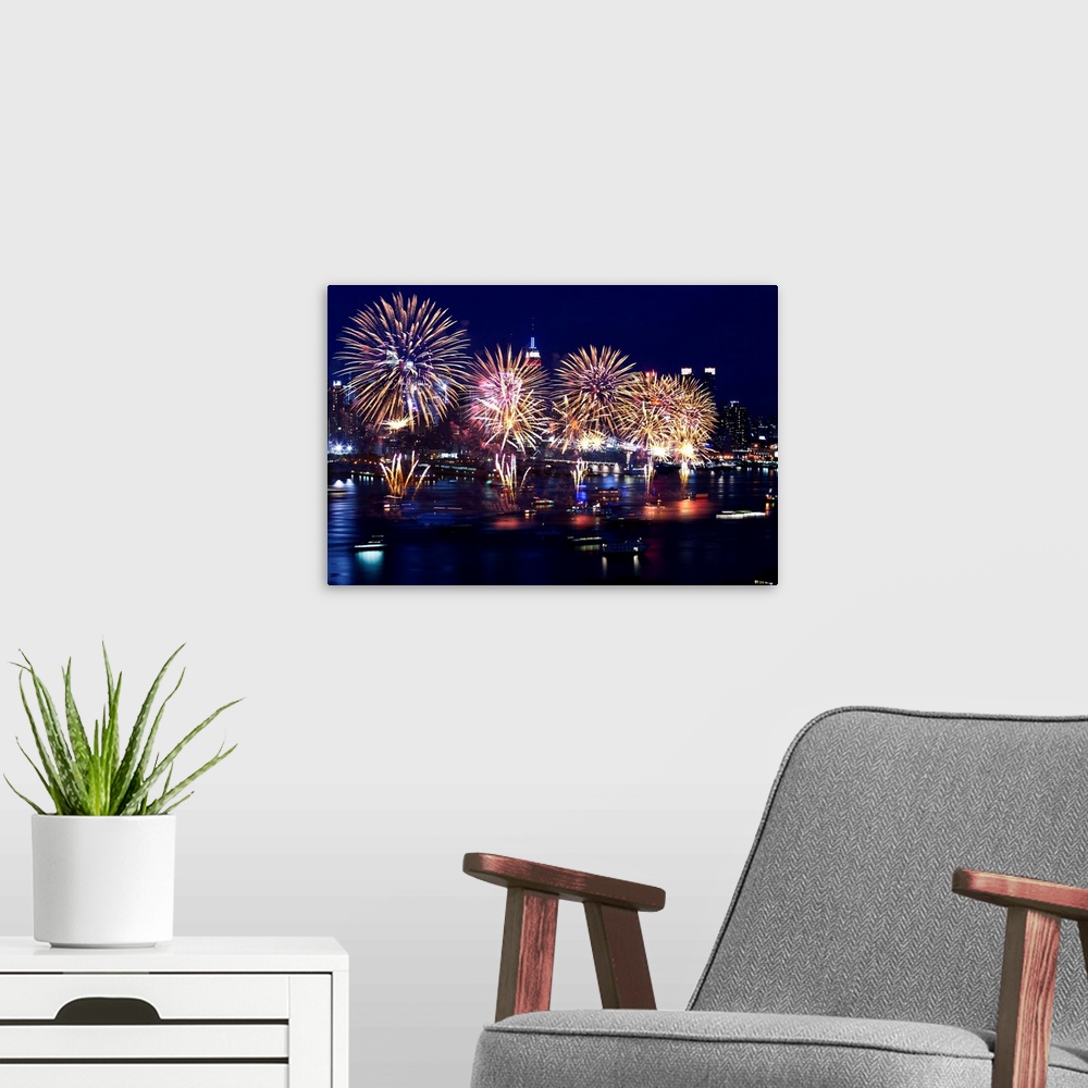A modern room featuring New York, New York City, July 4th, Fireworks. View from Weehawken, New Jersey