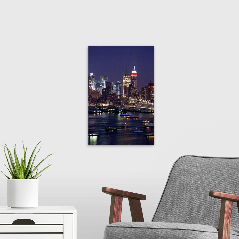A modern room featuring New York, New York City skyline, view from Weehawken New Jersey