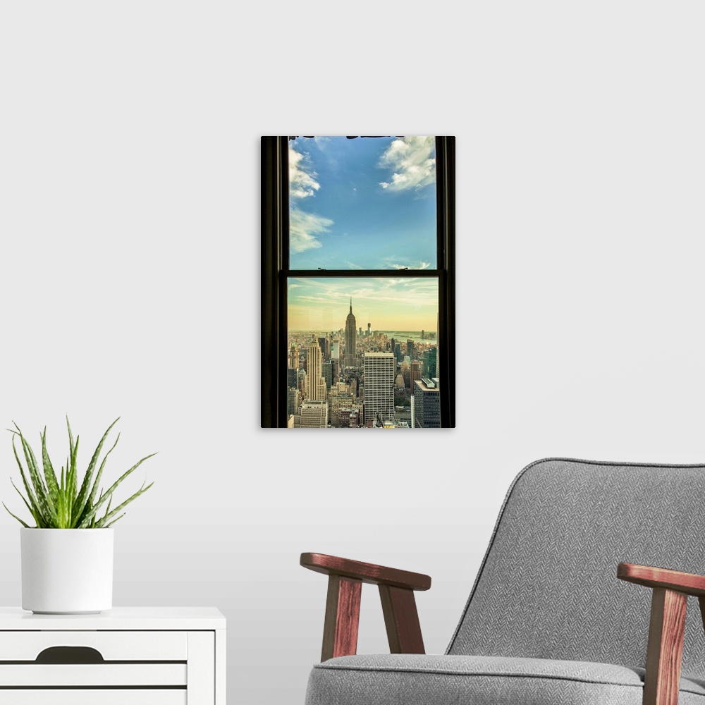 A modern room featuring New York, New York City, View of Empire State Building through window