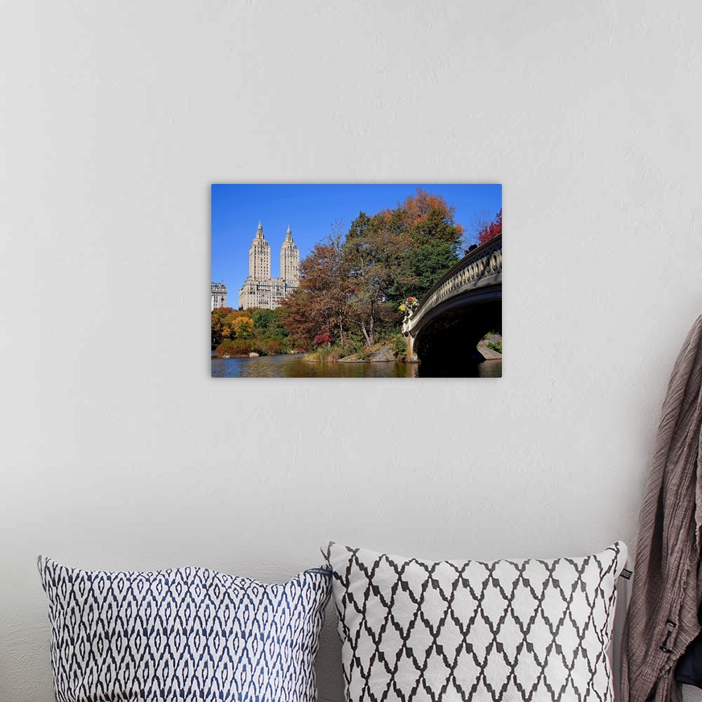 A bohemian room featuring New York, NYC, Central Park, Bow Bridge, San Remo building in background