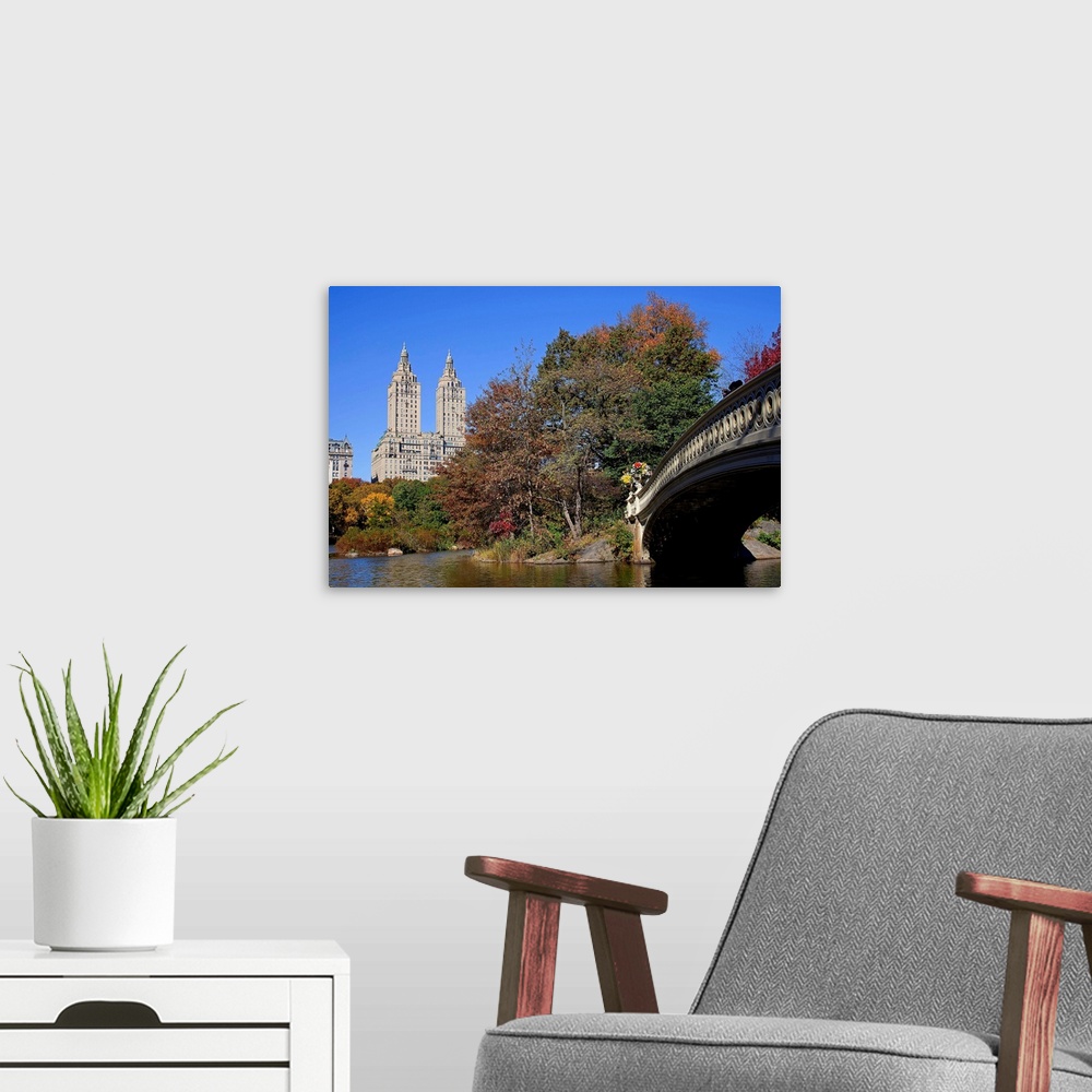 A modern room featuring New York, NYC, Central Park, Bow Bridge, San Remo building in background