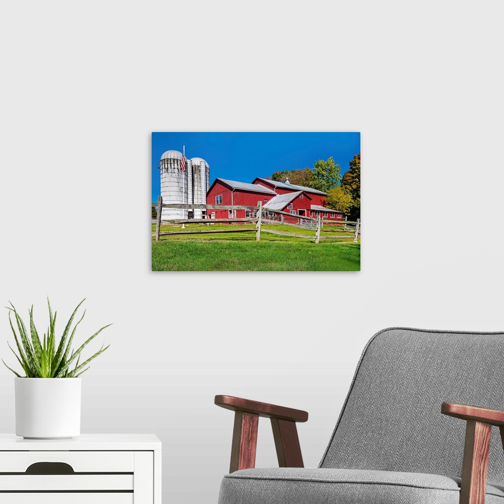 A modern room featuring New York, Warwick, Traditional farm with red barn.