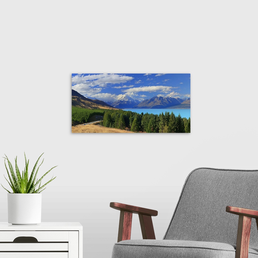 A modern room featuring New Zealand, South Island, Canterbury, Panoramic view of Pukaki lake & Mt. Cook