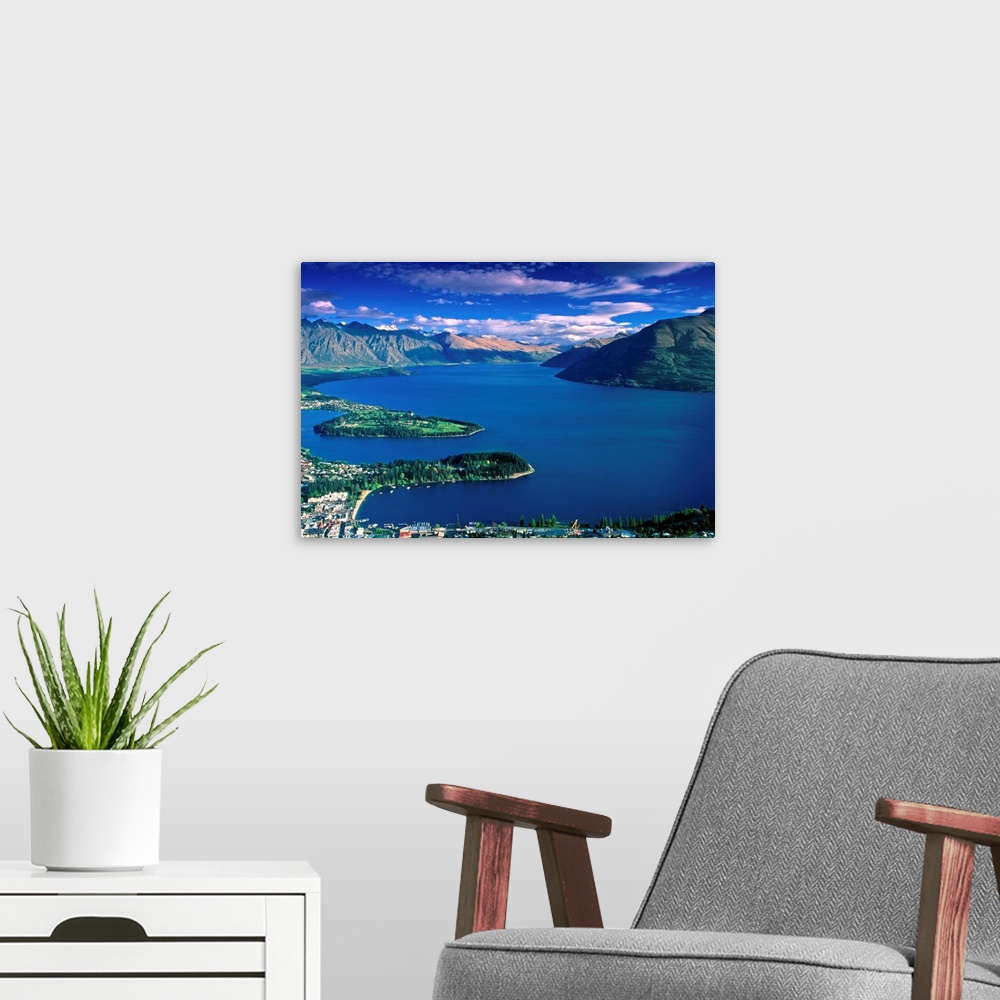 A modern room featuring New Zealand, South Island, View towards Queenstown town and Wakatipu lake