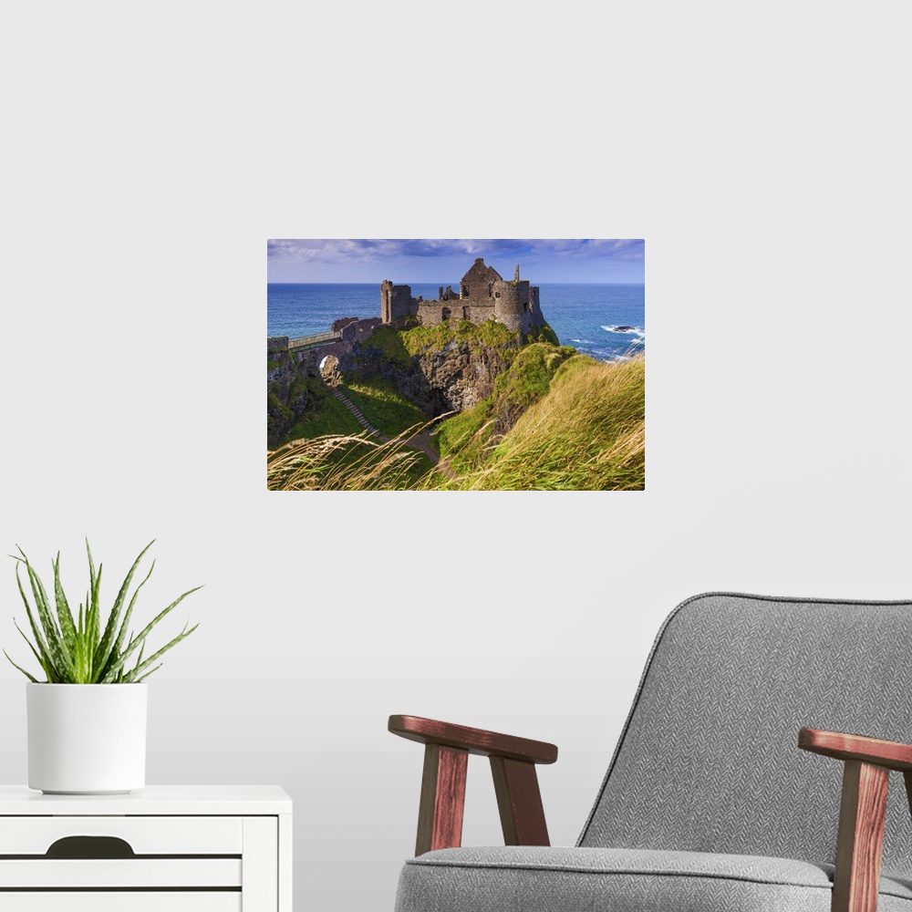 A modern room featuring UK, Northern Ireland, Great Britain, Antrim, Dunluce Castle ruins on a cliff top near Bushmills v...