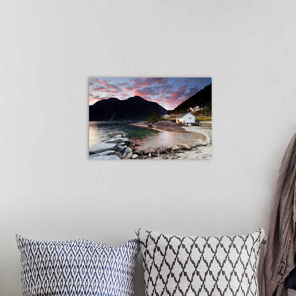 A bohemian room featuring Norway, Hordaland, Eidfjord, Scandinavia, Sunset over the famous fjord.