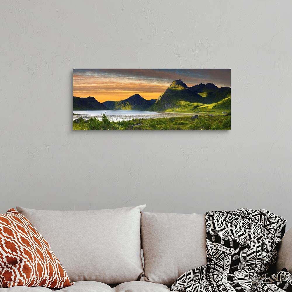A bohemian room featuring Norway, Nordland, Scandinavia, Lofoten Islands, Flakstadoy, sunset on the Fjord in Flakstad