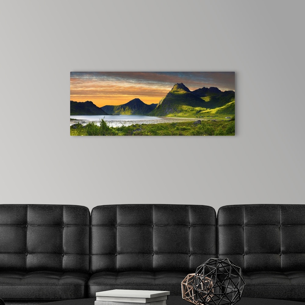 A modern room featuring Norway, Nordland, Scandinavia, Lofoten Islands, Flakstadoy, sunset on the Fjord in Flakstad