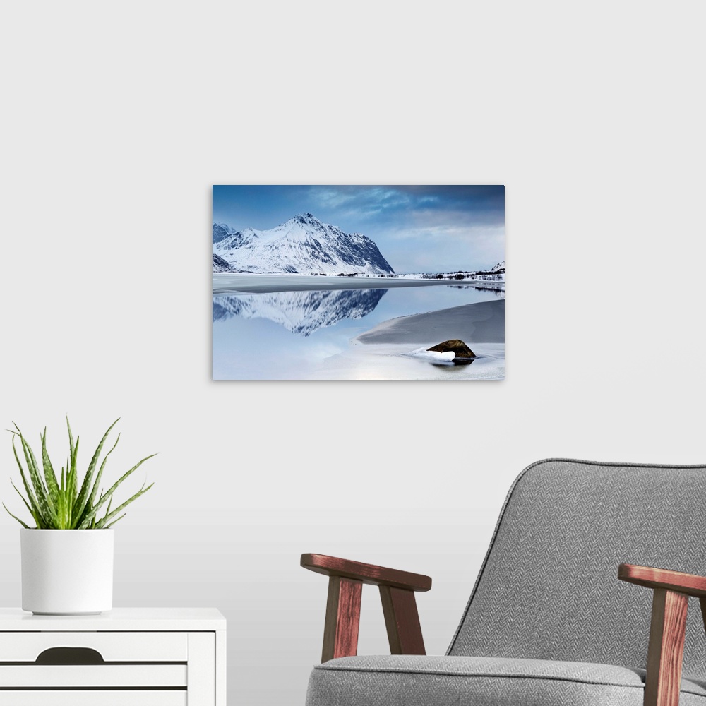 A modern room featuring Norway, Nordland, Scandinavia, Arctic Circle, Lofoten Islands, Lofoten archipelago, Winter landsc...