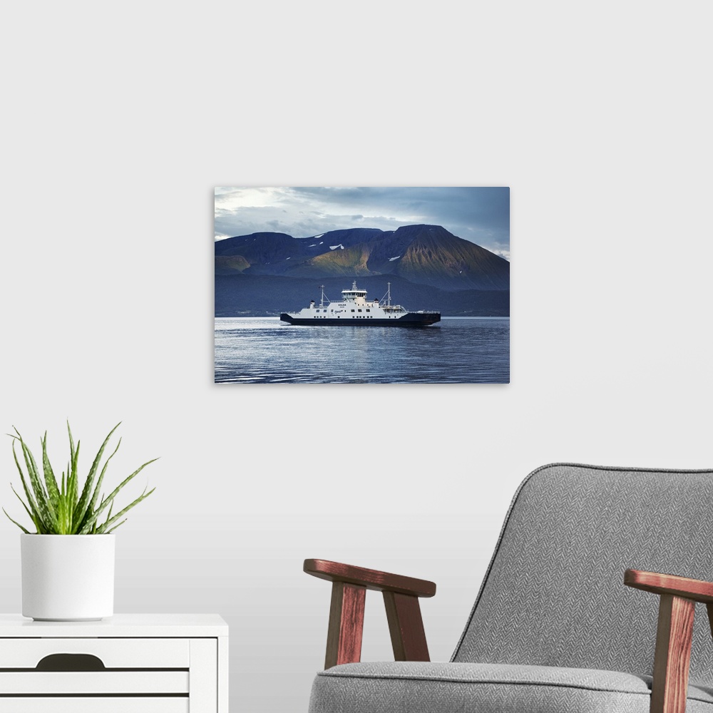 A modern room featuring Norway, More og Romsdal, Scandinavia, Alesund, Car ferry crossing the fjords near Alesund.
