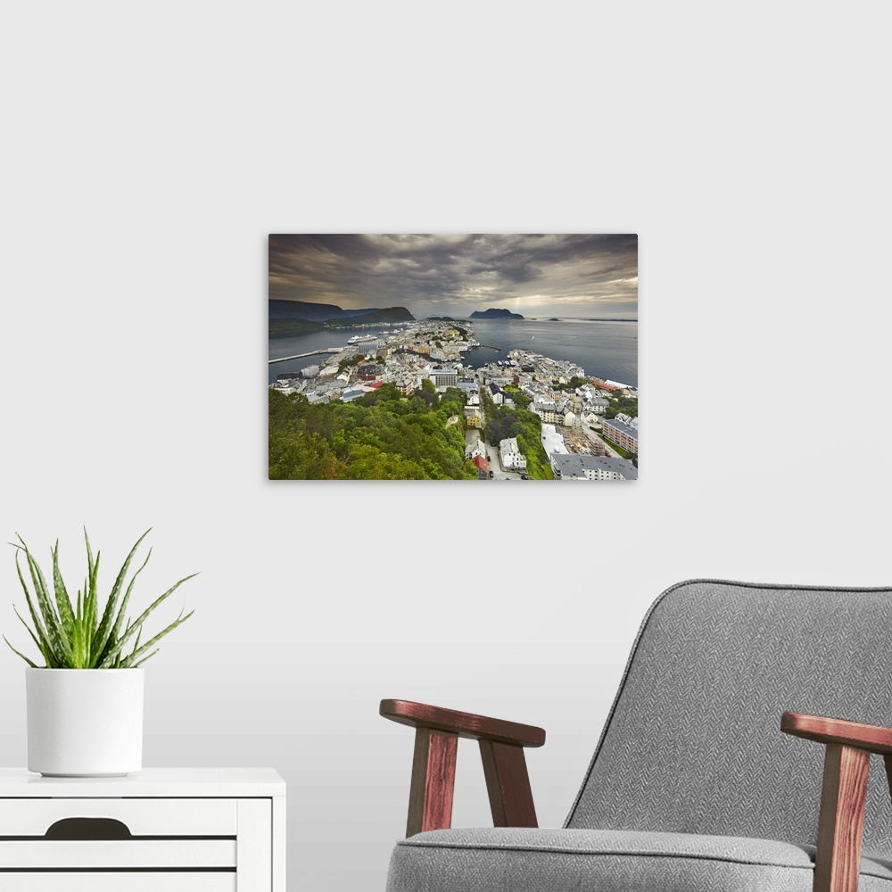 A modern room featuring Norway, More og Romsdal, Scandinavia, Alesund, View from Aksla mountain towards old town and harb...