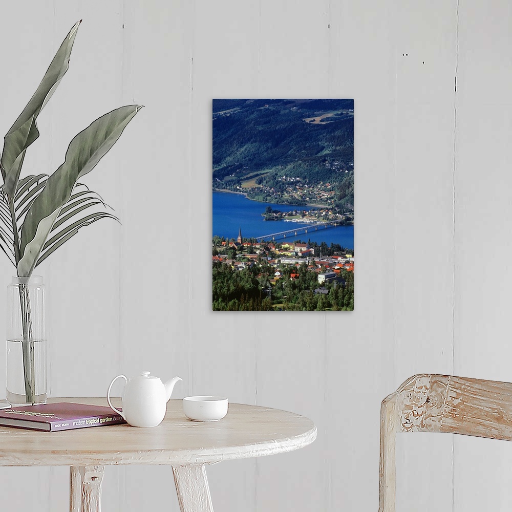 A farmhouse room featuring Norway, Oppland, Lillehammer, Panoramic view of the town and the Mjosa lake