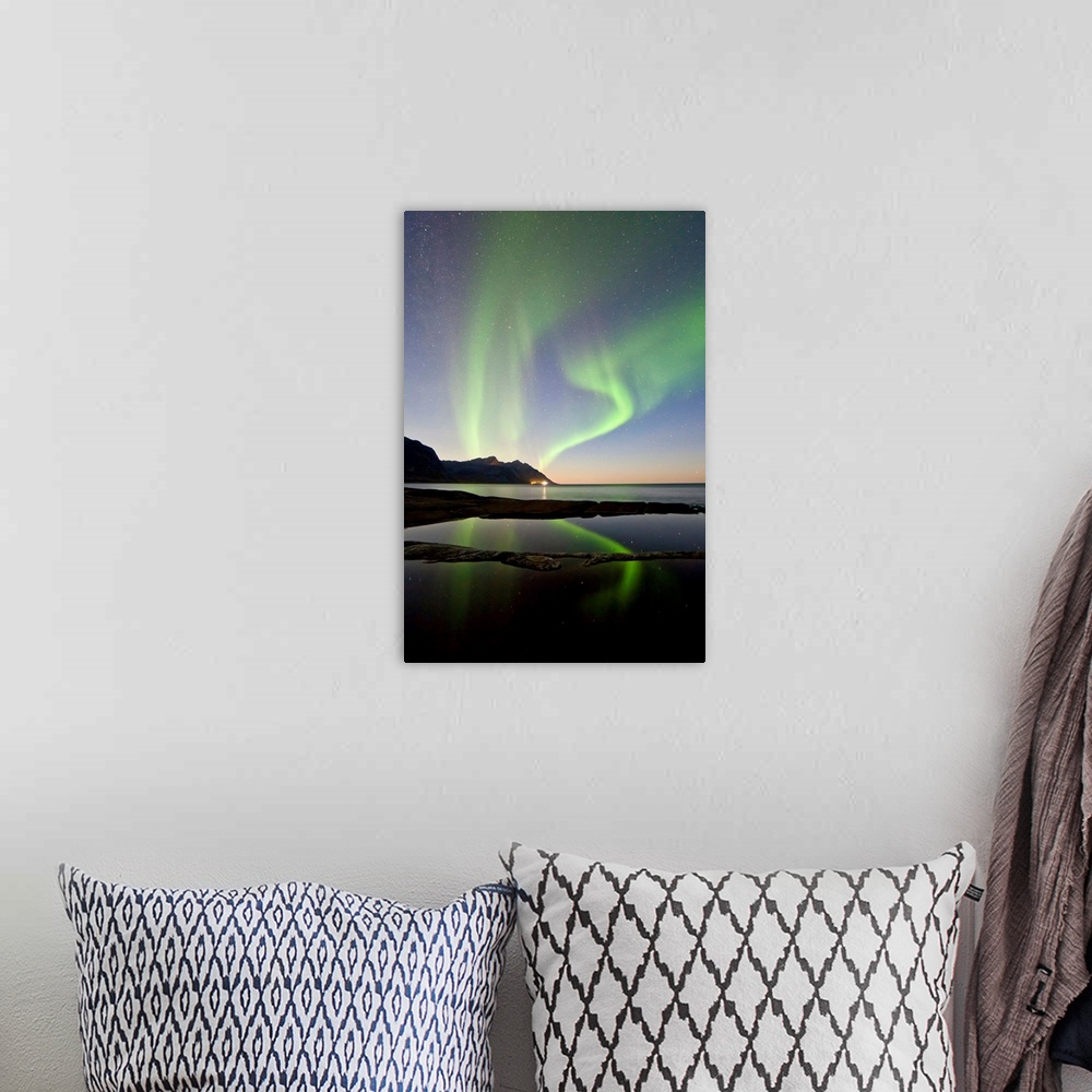 A bohemian room featuring Norway, Troms, Scandinavia, Senja Island, Northern lights over Tungeneset.