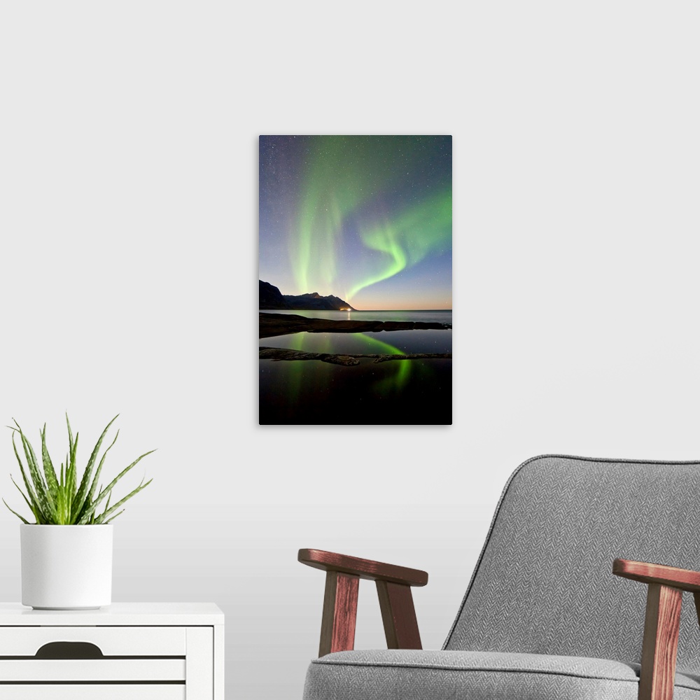 A modern room featuring Norway, Troms, Scandinavia, Senja Island, Northern lights over Tungeneset.