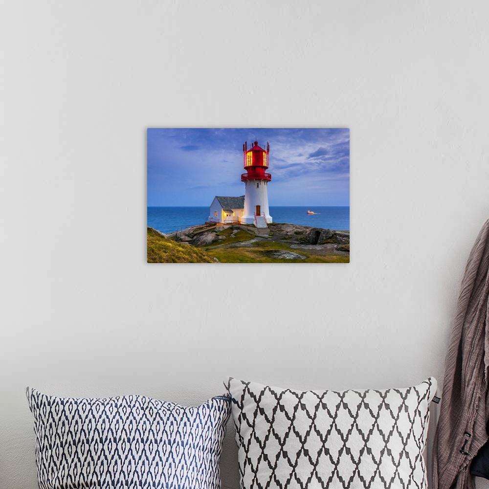 A bohemian room featuring Norway, Vest-Agder, Scandinavia, Lindesnes, Lindesnes Fyr Lighthouse at sunset