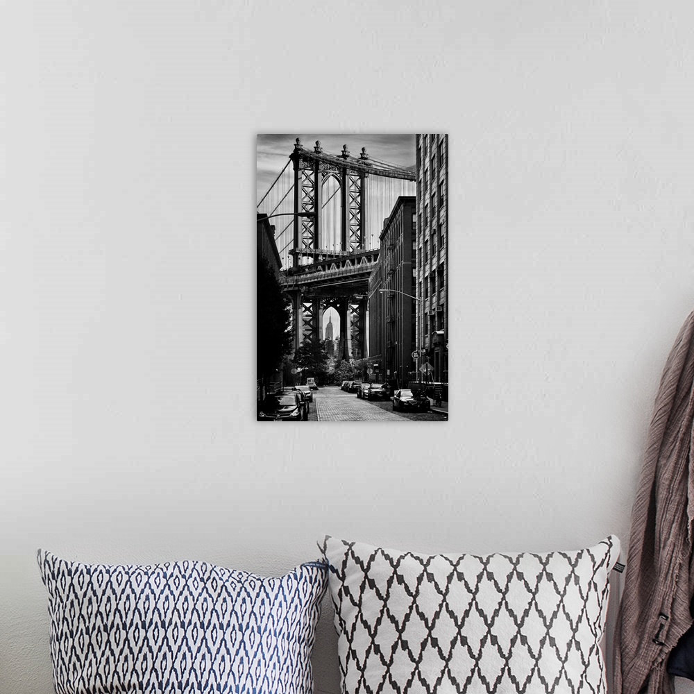 A bohemian room featuring USA, New York City, Brooklyn, Dumbo, Manhattan Bridge, Classic view with Empire State Building in...
