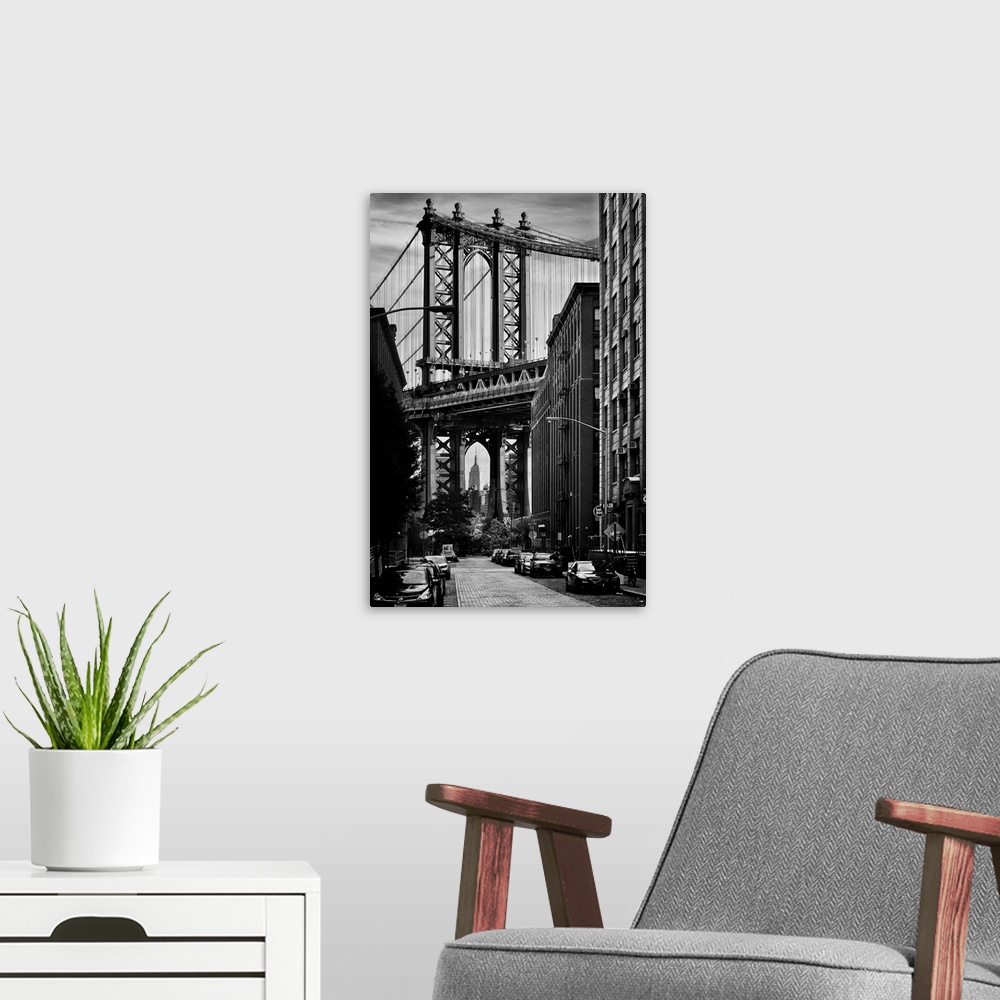 A modern room featuring USA, New York City, Brooklyn, Dumbo, Manhattan Bridge, Classic view with Empire State Building in...
