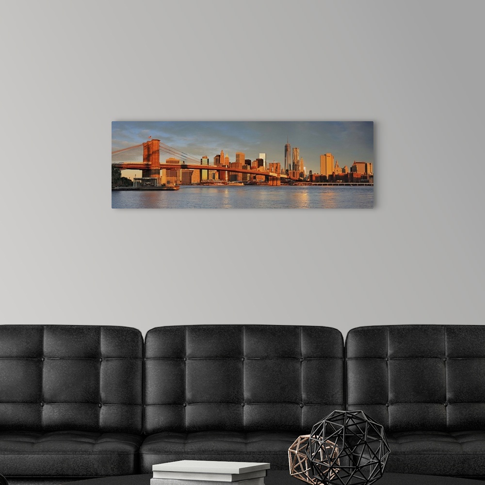 A modern room featuring USA, New York City, East River, Manhattan, Brooklyn Bridge, Downtown Manhattan skyline, view from...