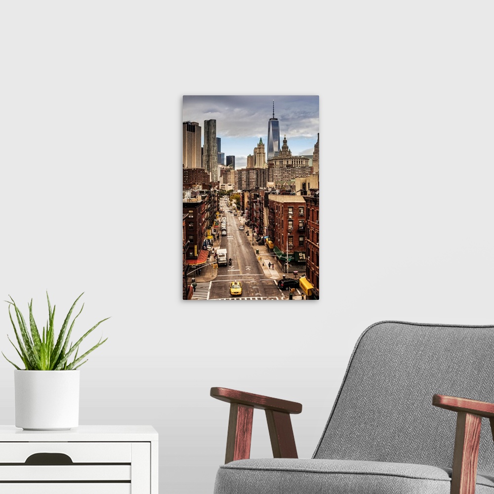 A modern room featuring USA, New York City, Manhattan, Lower East Side, Chinatown, Chinatown, Freedom Tower in background.