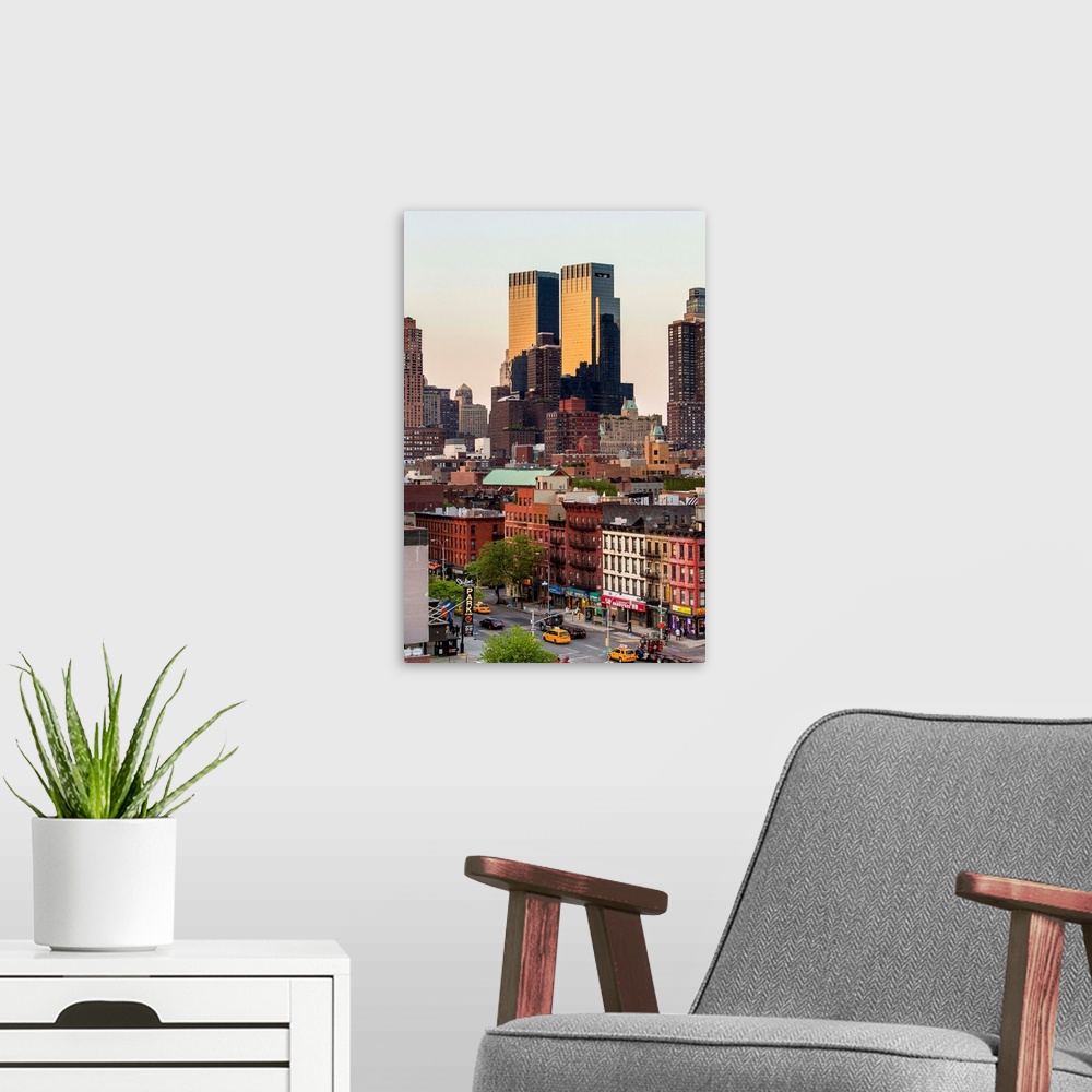 A modern room featuring New York, New York City, Manhattan, View of Hell's Kitchen with the Time Warner Center towers.