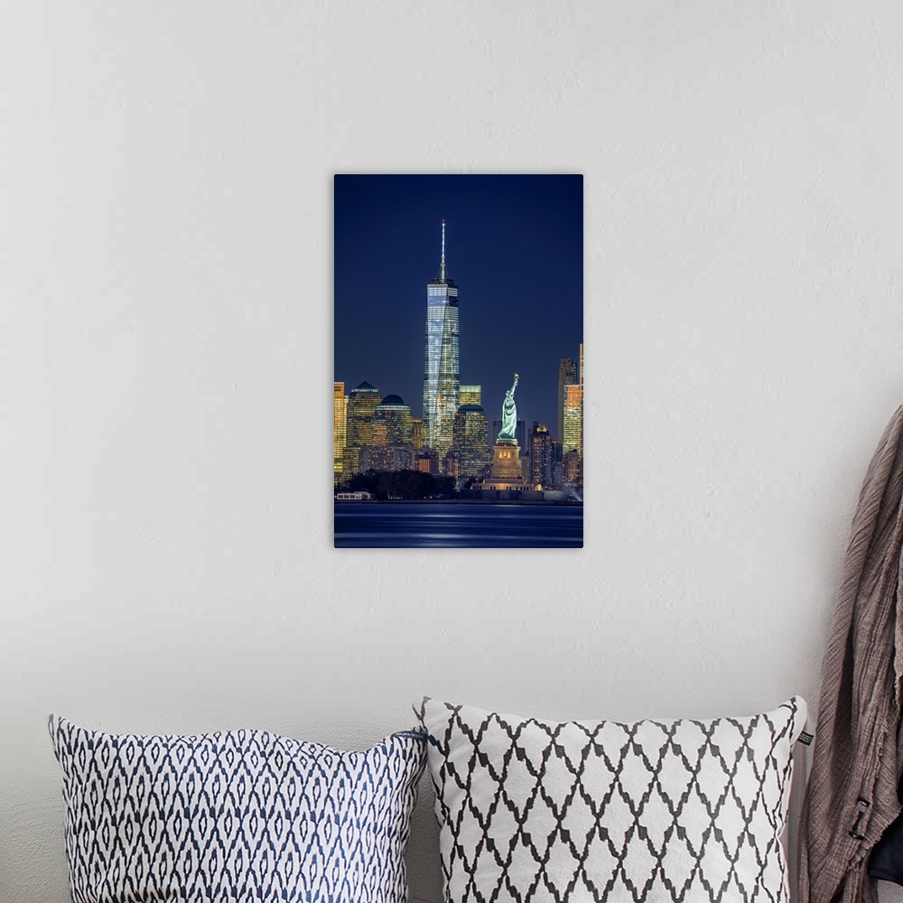 A bohemian room featuring USA, New York City, Hudson, Manhattan, Lower Manhattan, Liberty Island, Statue of Liberty, One Wo...