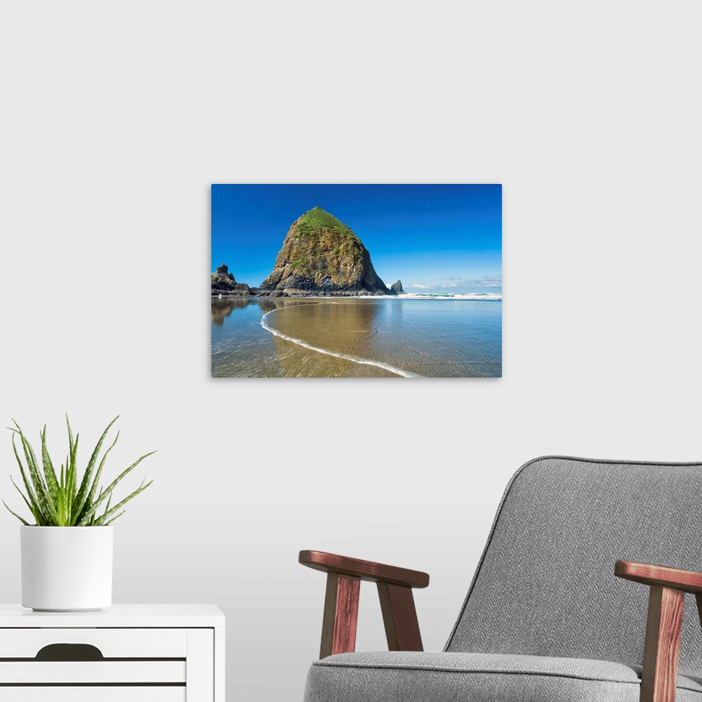 A modern room featuring USA, Oregon, Pacific ocean, Hay Stack Rock at low tide, Cannon Beach.