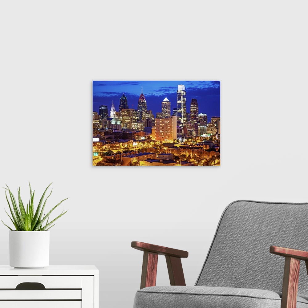 A modern room featuring Pennsylvania, Philadelphia, City Skyline at dusk