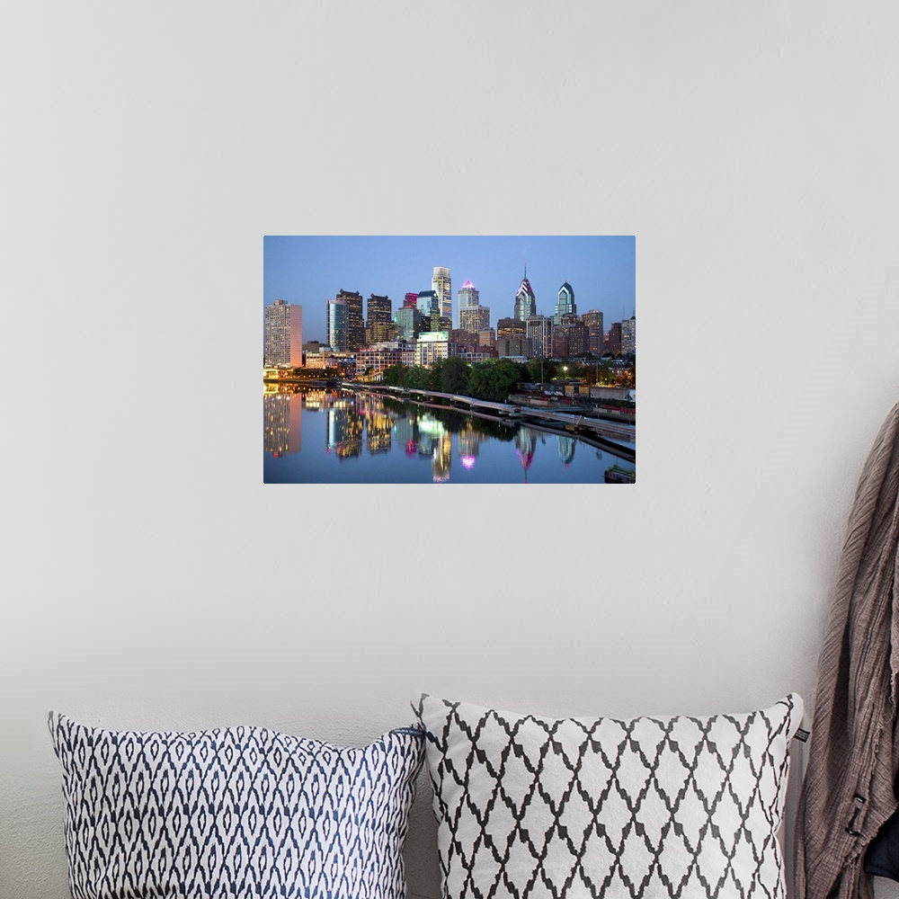 A bohemian room featuring USA, Pennsylvania, Philadelphia, City skyline over the Delaware River.
