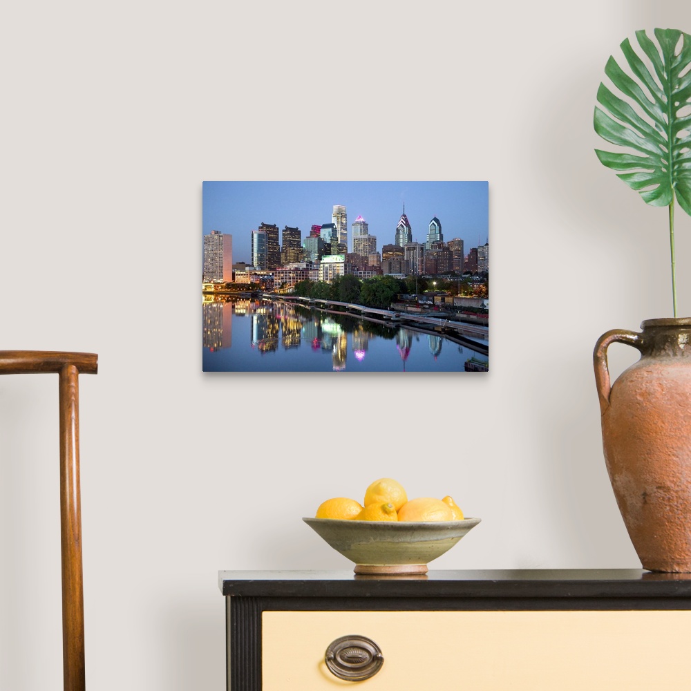A traditional room featuring USA, Pennsylvania, Philadelphia, City skyline over the Delaware River.