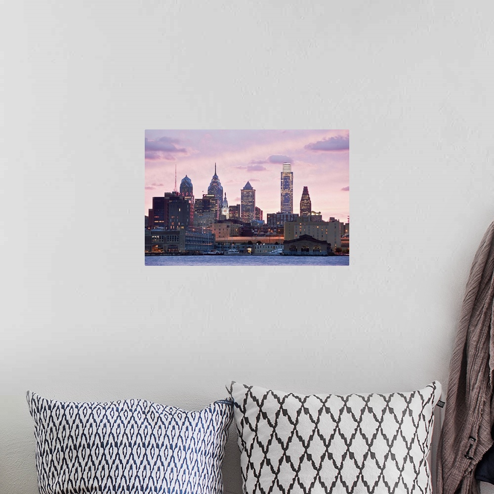 A bohemian room featuring USA, Pennsylvania, Philadelphia, Philadelphia's skyline over Delaware River.