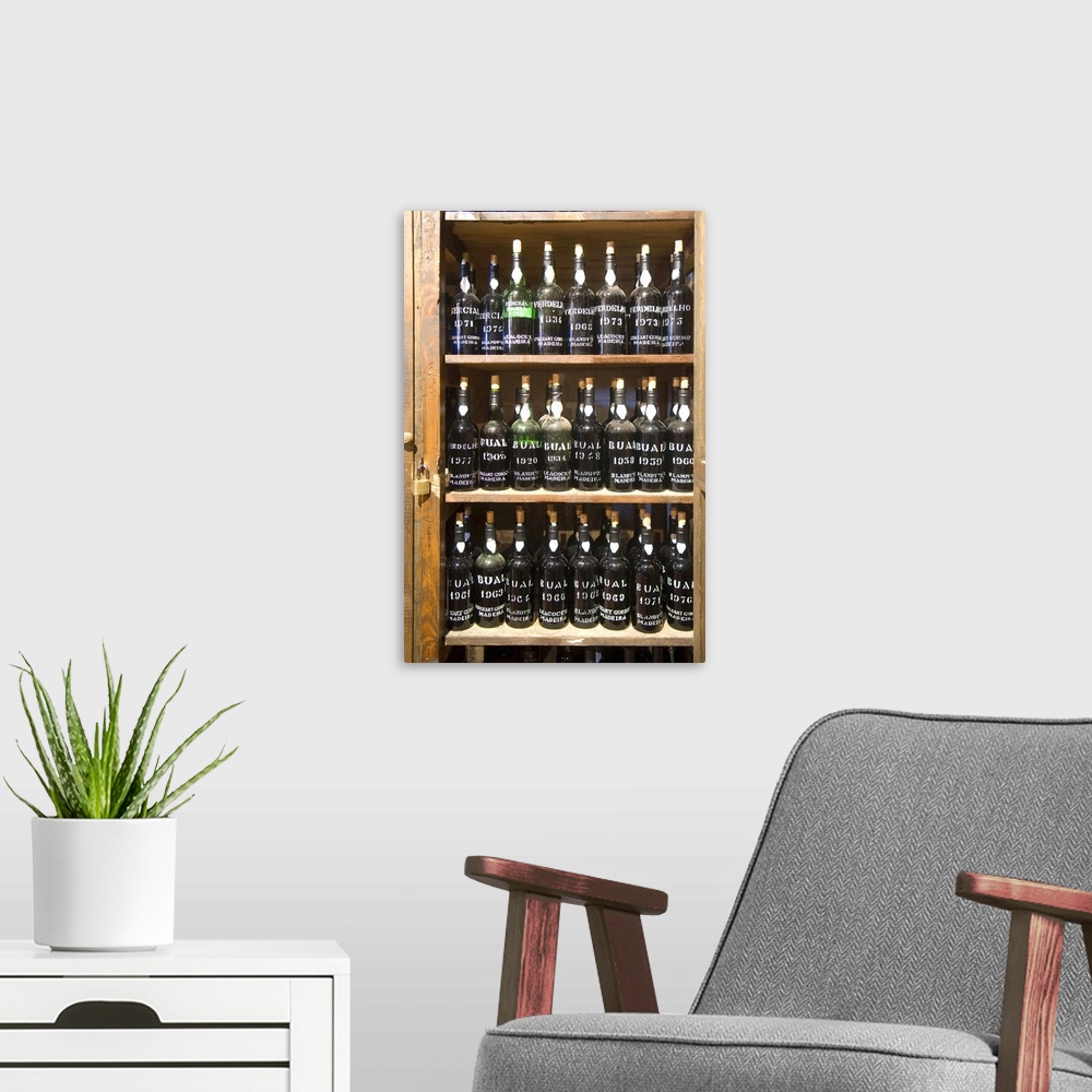 A modern room featuring Portugal, Madeira, Funchal, Madeira wine fabric, bar and old bottles stock