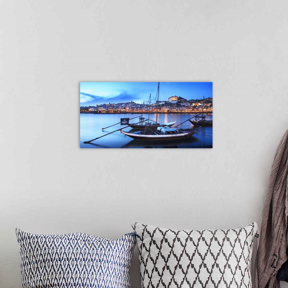 A bohemian room featuring Portugal, Porto, Douro, porto, panoramic view of typical boat in the Douro river