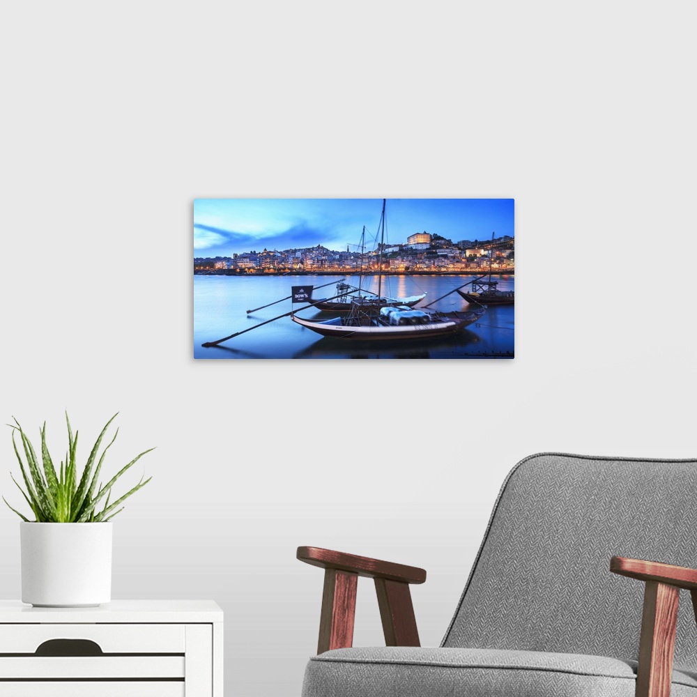 A modern room featuring Portugal, Porto, Douro, porto, panoramic view of typical boat in the Douro river