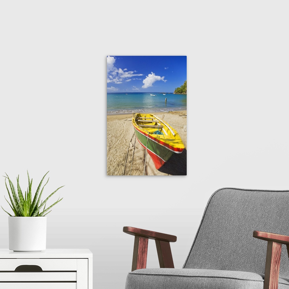 A modern room featuring Saint Lucia, Caribbean, Anse la Raye seafront, Fishing boat on the beach