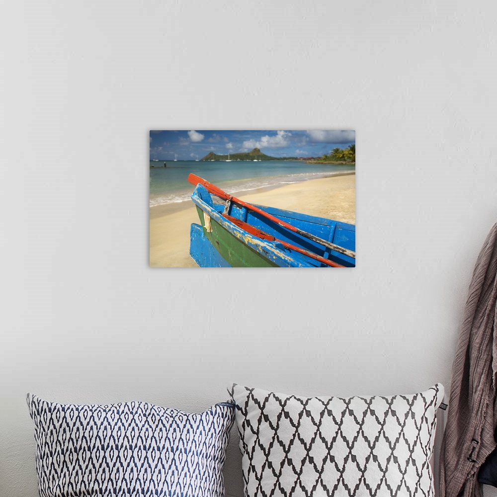 A bohemian room featuring Saint Lucia, Caribbean, Boat on the beach, Pigeon Island in background