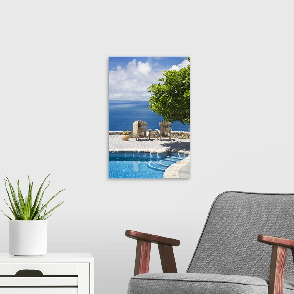 A modern room featuring Saint Lucia, Gros Islet, Chairs at the poolside facing to sea, Mount du Cap