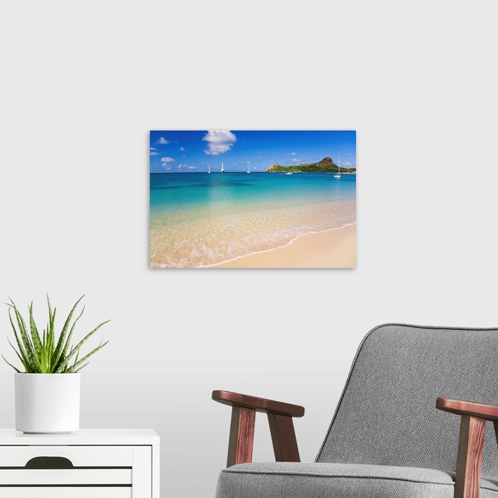 A modern room featuring Saint Lucia, Gros Islet, Rodney Bay, Reduit Beach with Pigeon Island in background.