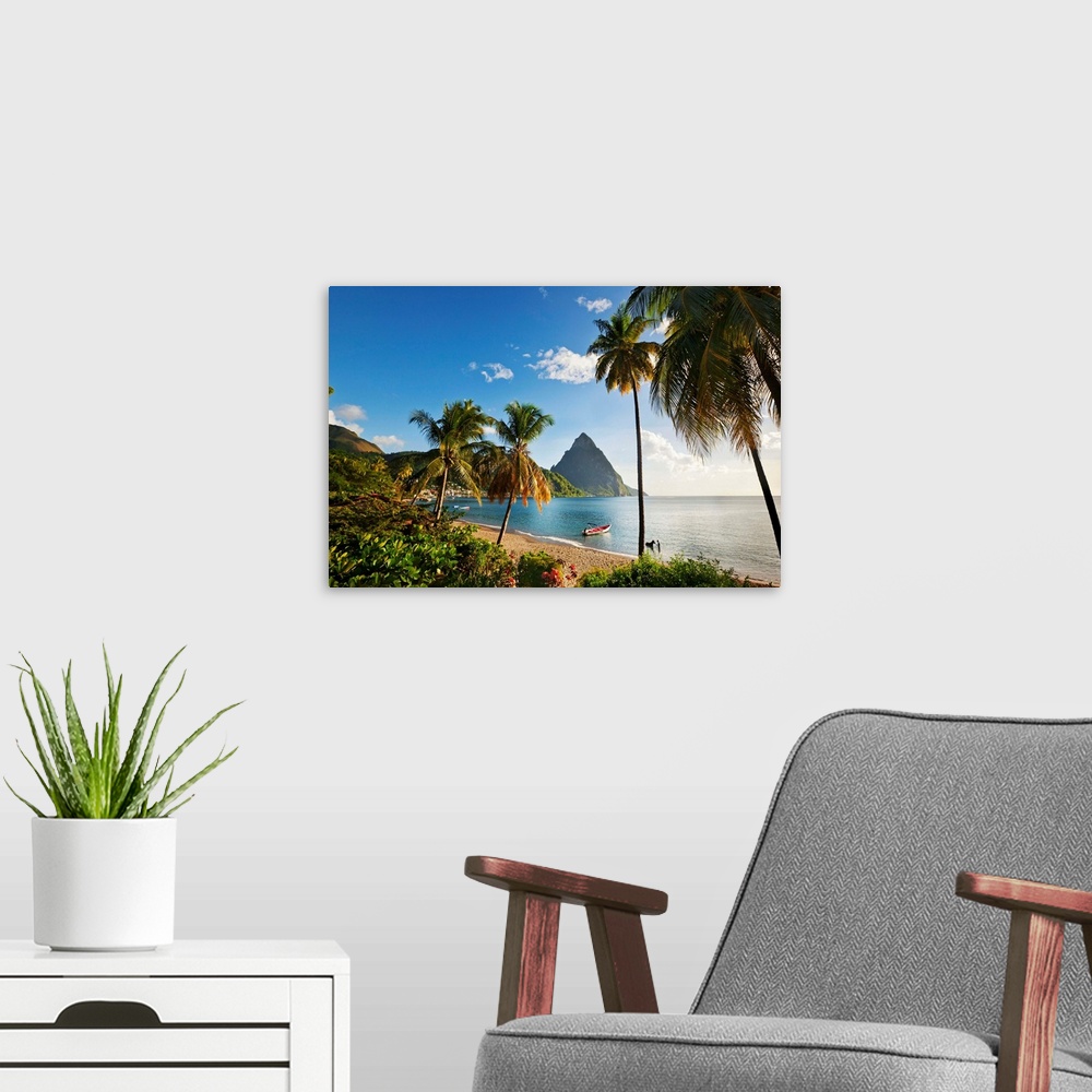 A modern room featuring Saint Lucia, Soufriere, Boat by the shore, late afternoon