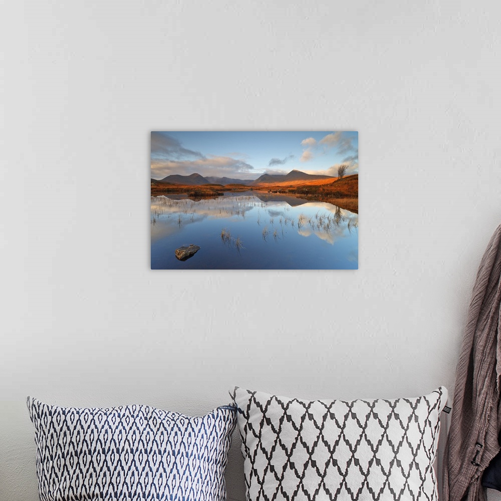 A bohemian room featuring UK, Scotland, Great Britain, Highlands, Rannoch Moor, Loch Nah Achlaise at sunrise.